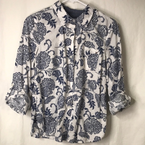 TOMMY Hilfiger Blouse Size S/P White with Navy Print Long Sleeve Tab up - Picture 1 of 9